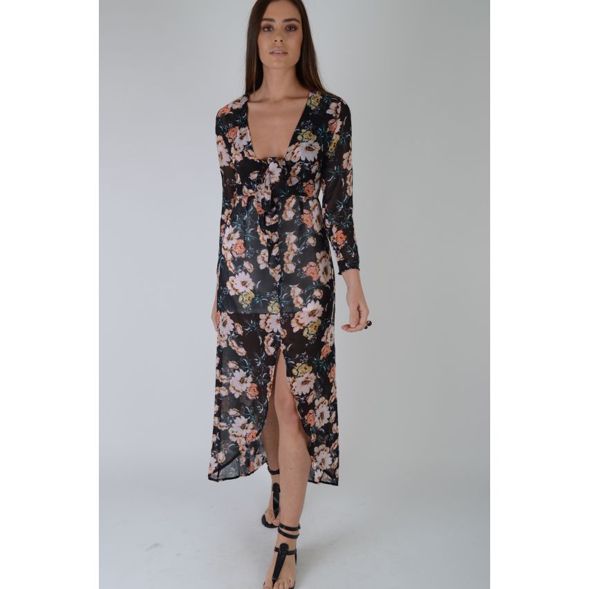 LMS Black Floral Maxi With Plunge Tie Neckline And Split Hem - SAMPLE