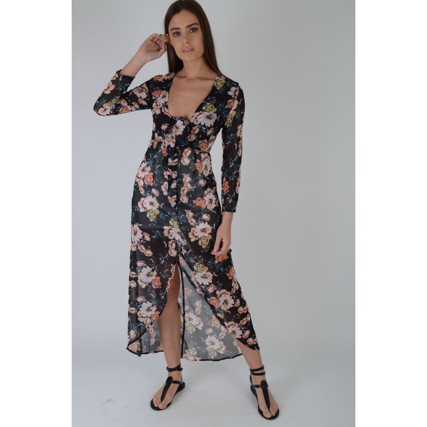 LMS negro Maxi Floral con penetración lazo cuello y el dobladillo de Split
