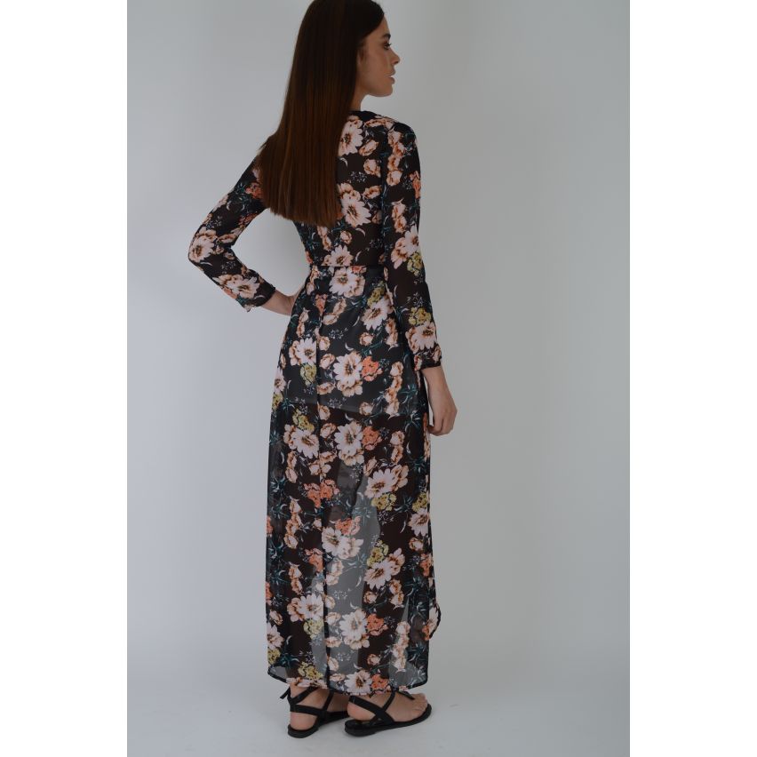 LMS negro Maxi Floral con penetración lazo cuello y el dobladillo de Split