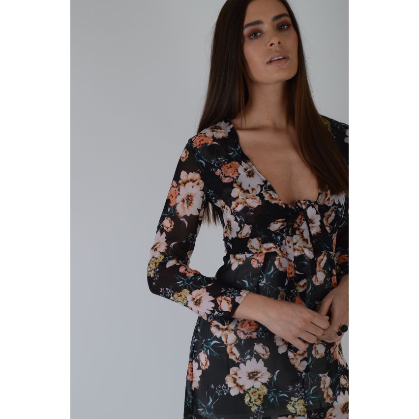 LMS negro Maxi Floral con penetración lazo cuello y el dobladillo de Split