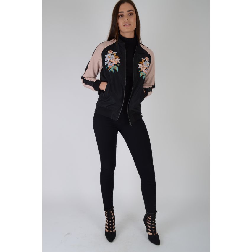 LMS Black Bomber Jacket With Pink Panels And Floral Embroidery - SAMPLE