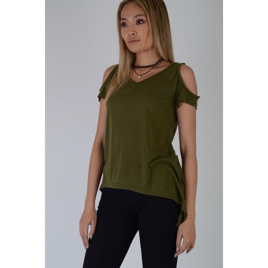 Lovemystyle Cold Shoulder Relaxed T-Shirt With Dip Hem In Khaki