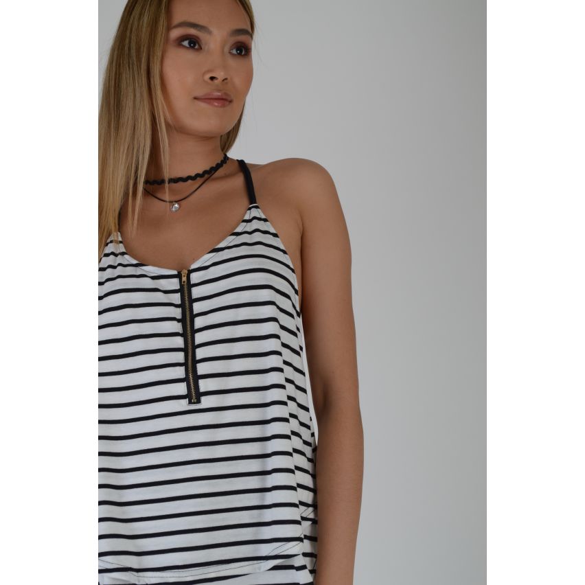 Lovemystyle White And Black Stripe Vest Top With Zip - SAMPLE