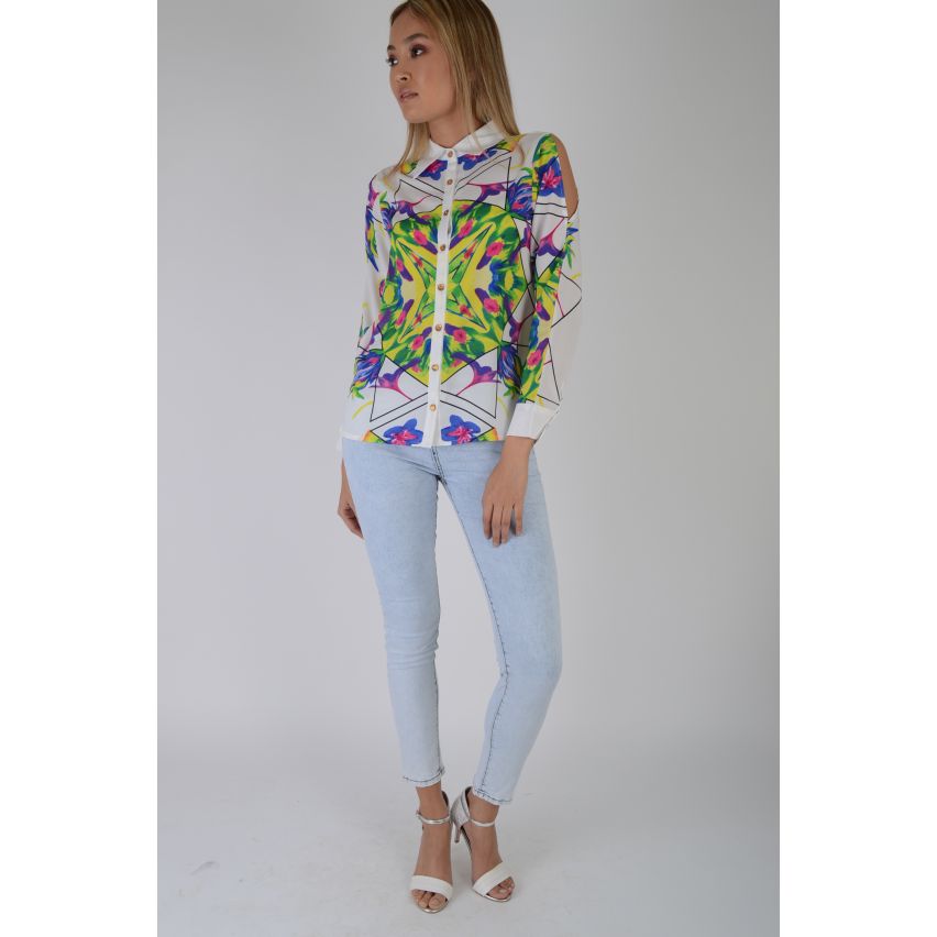 LMS White Cold Shoulder Silk Shirt With Colourful Geometric Print