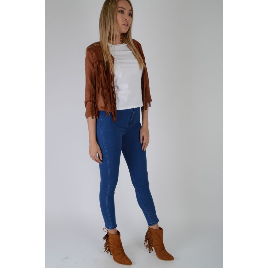 Lovemystyle Tan Faux Suede Jacket With Fringe Detail - SAMPLE