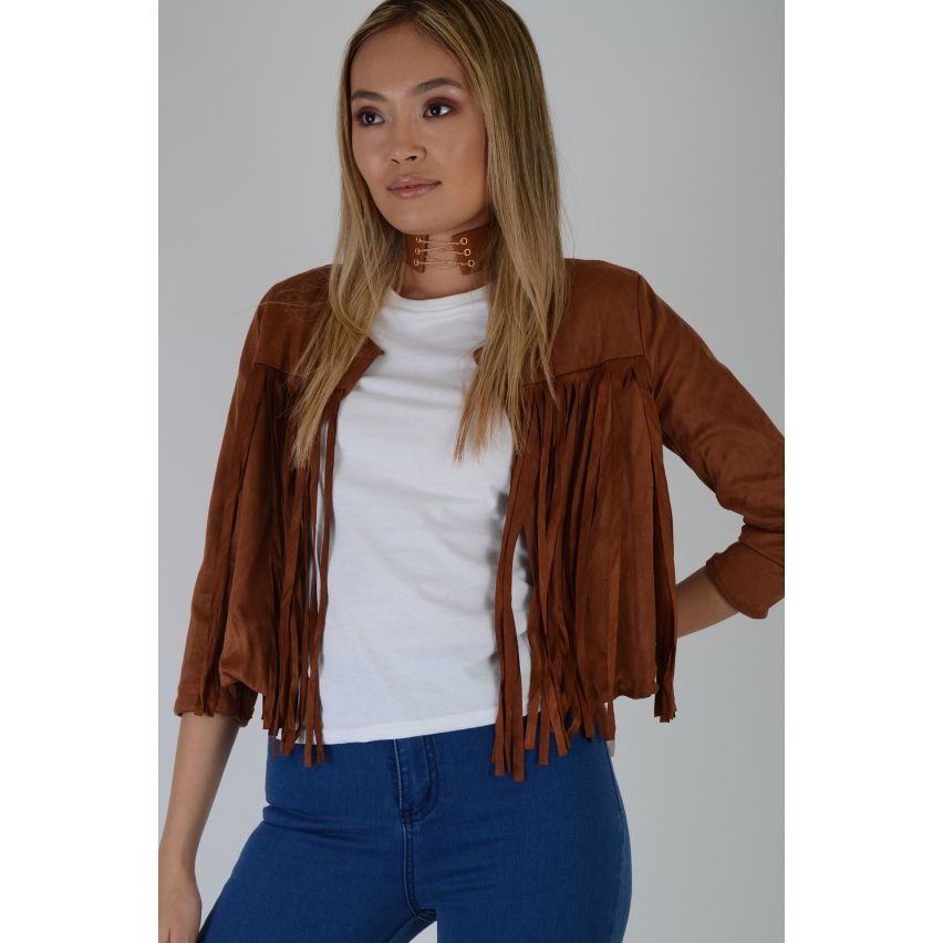 Lovemystyle Tan Faux Suede Jacket With Fringe Detail - SAMPLE