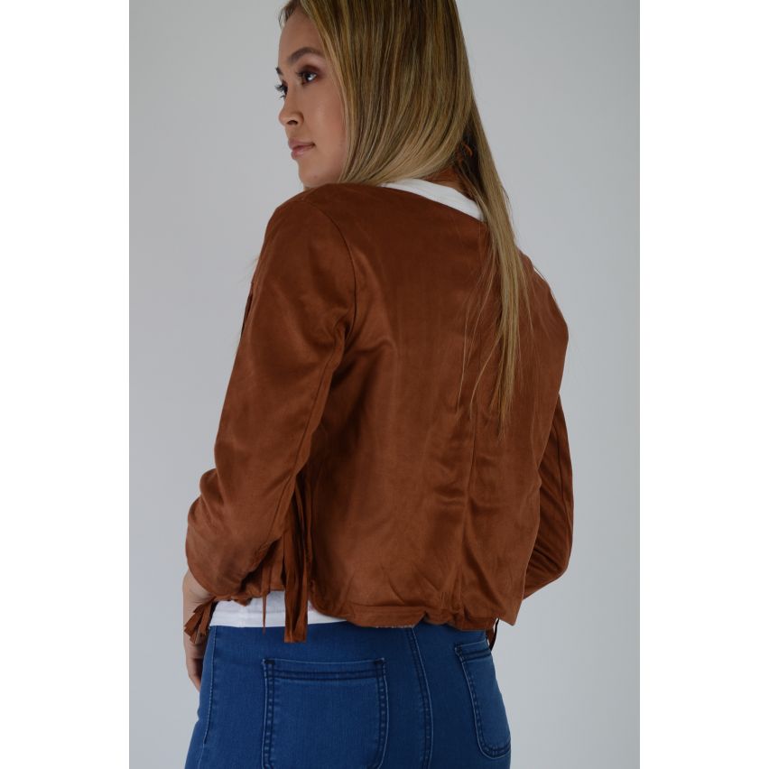 Lovemystyle Tan Faux Suede Jacket With Fringe Detail - SAMPLE