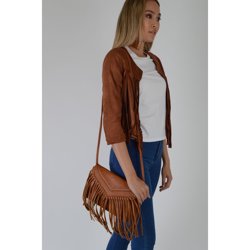 Lovemystyle Leather Side Bag With Tassels In Tan