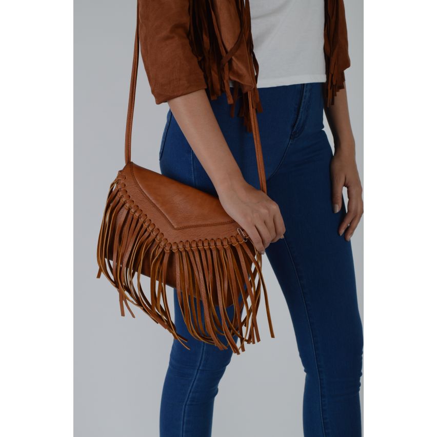Lovemystyle Seite Ledertasche mit Fransen In Tan