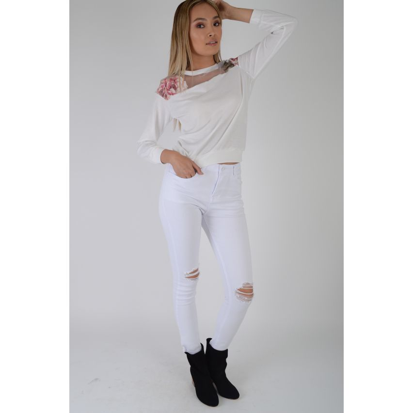 Lovemystyle grädde fin stickad Jumper med blommigt Mesh infälld