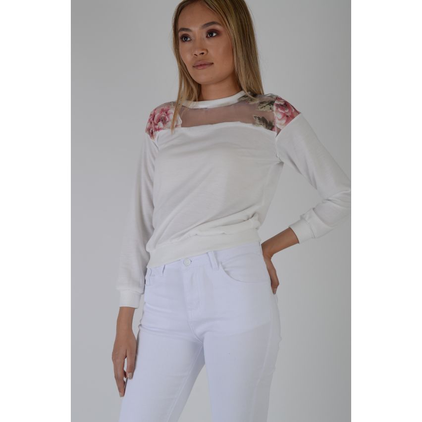 Lovemystyle Cream Fine Knitted Jumper With Floral Mesh Inset - SAMPLE