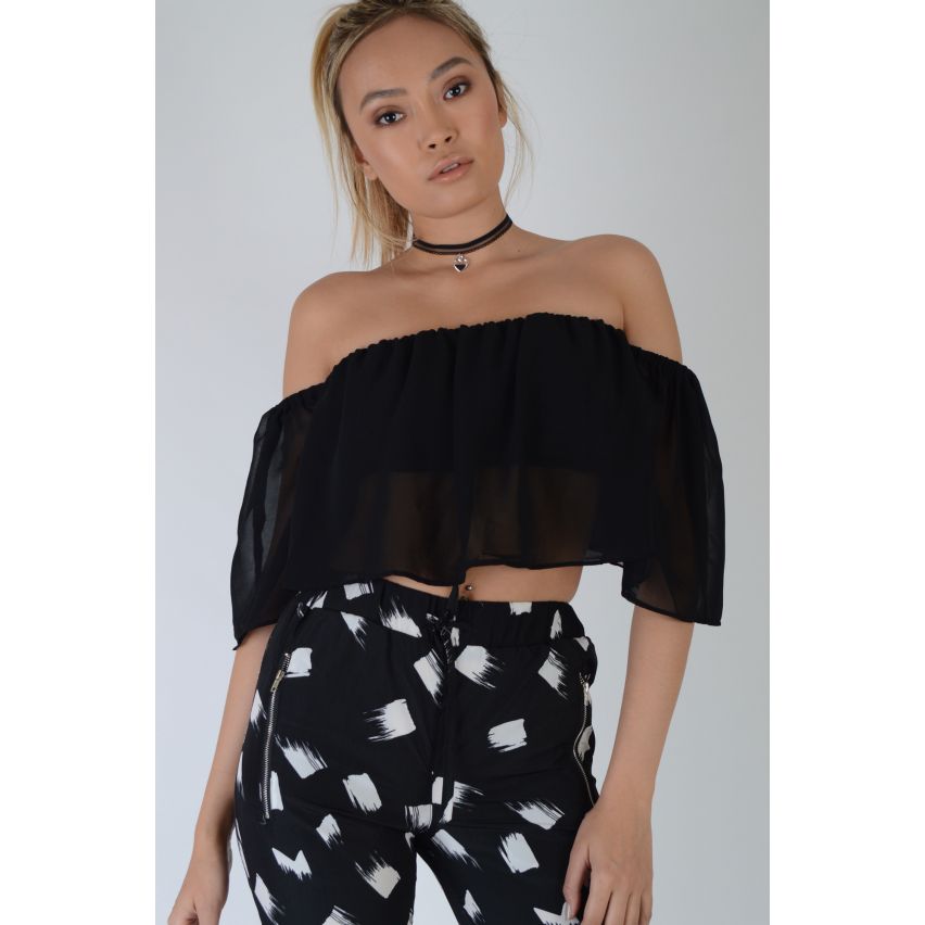 Lovemystyle Off The Shoulder Chiffon Crop Top In Black - SAMPLE