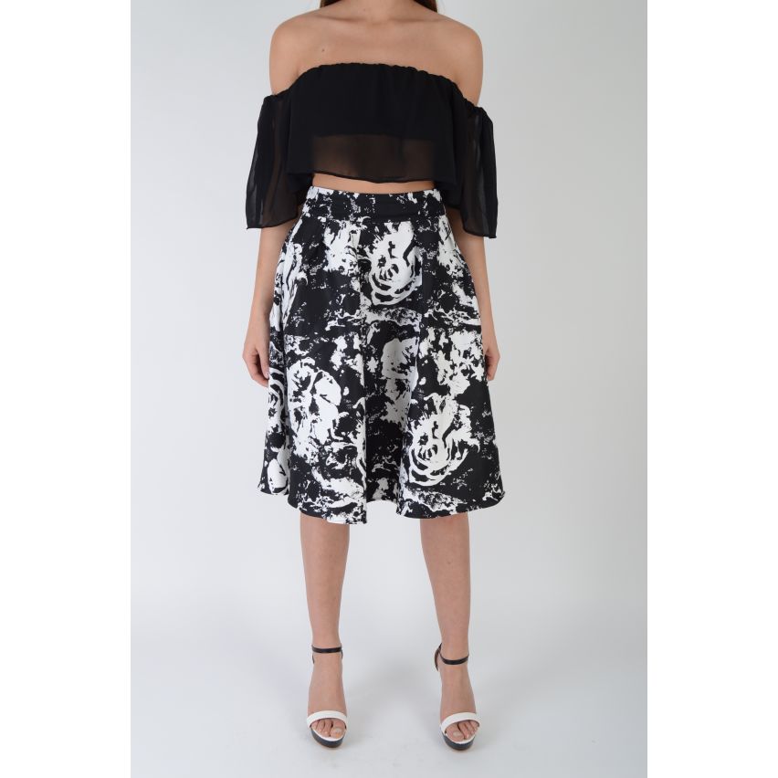 Lovemystyle Black Full Midi Skirt With White Floral Print