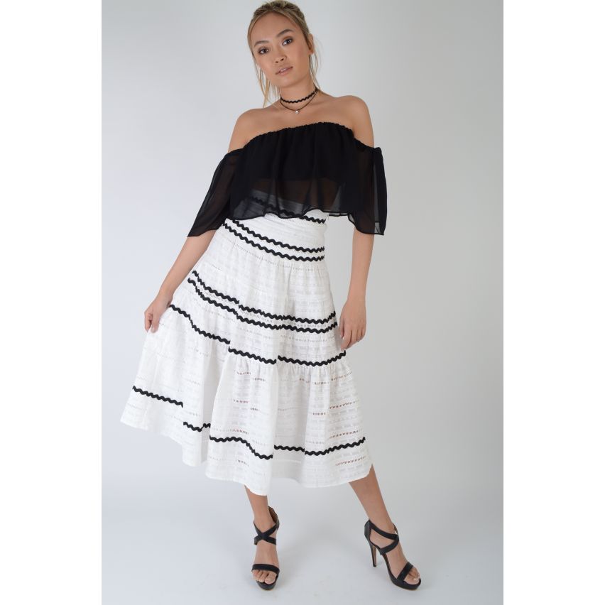 Lovemystyle blanc coton plein Midi jupe avec bandes noires