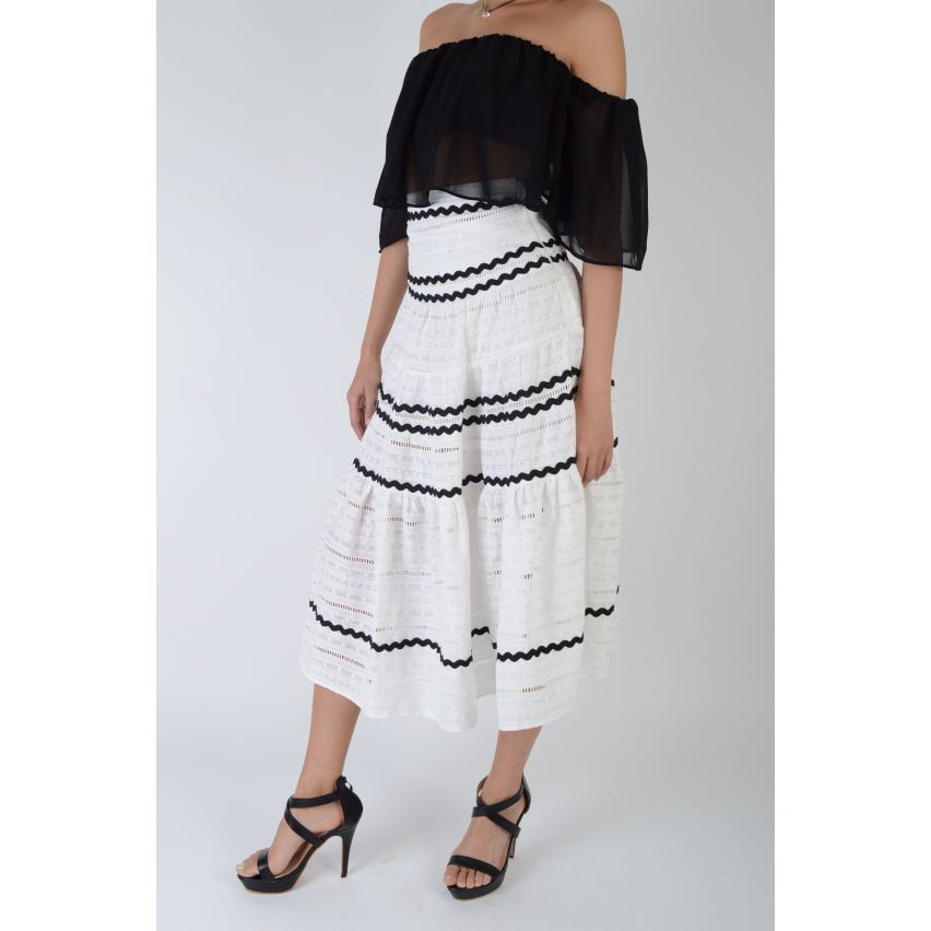 Lovemystyle White Cotton Full Midi Skirt With Black Stripes