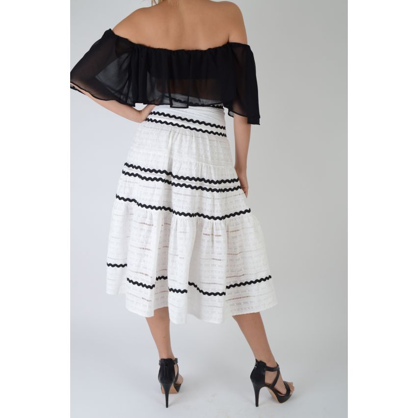 Lovemystyle White Cotton Full Midi Skirt With Black Stripes