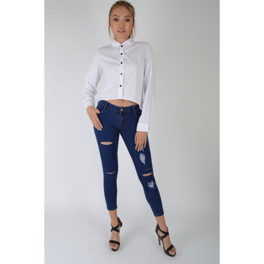 Lovemystyle Dunkelblaue Skinny-Jeans mit notleidenden Rips