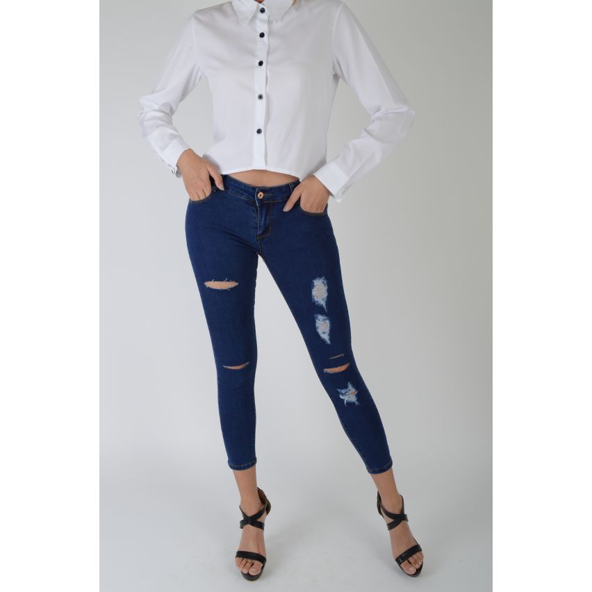 Lovemystyle Navy Blue Skinny Jeans With Distressed Rips - SAMPLE
