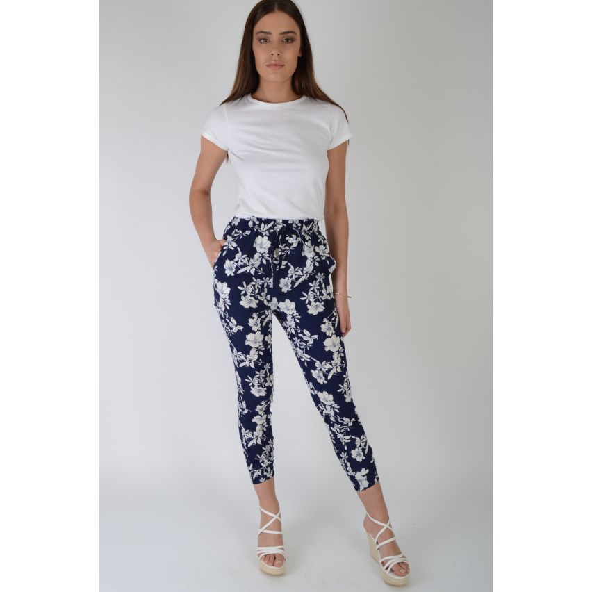Lovemystyle Blue High Waisted Trousers With White Floral Print - SAMPLE