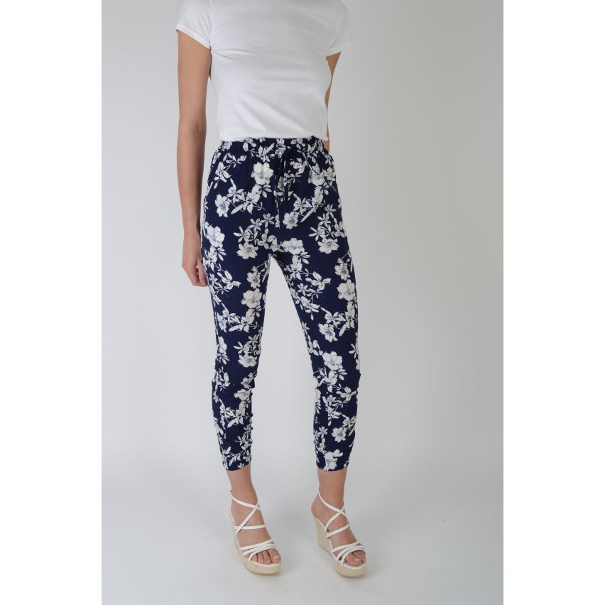 Lovemystyle Blue High Waisted Trousers With White Floral Print - SAMPLE