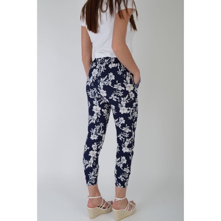 Lovemystyle Blue High Waisted Trousers With White Floral Print - SAMPLE