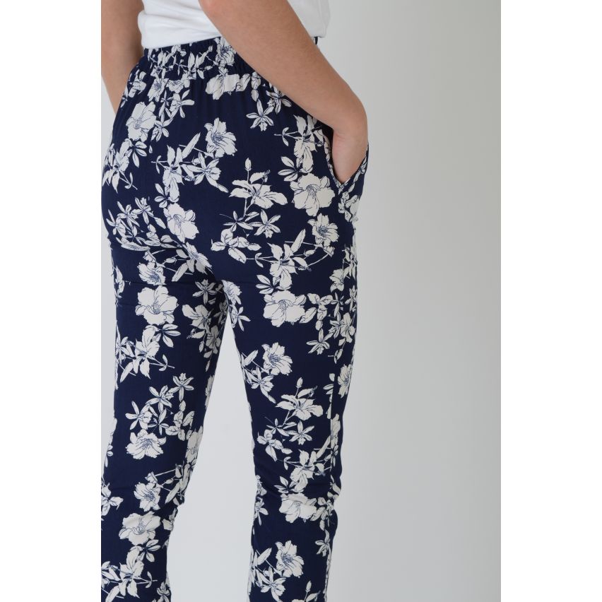 Lovemystyle Blue High Waisted Trousers With White Floral Print - SAMPLE