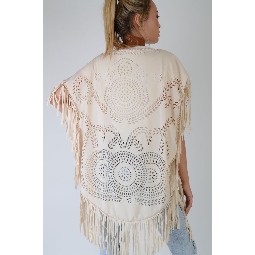 LMS Nude Kimono Featuring Laser Cut And Tassels - SAMPLE
