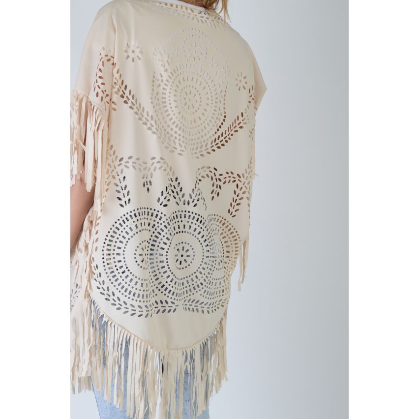 LMS Nude Kimono Featuring Laser Cut And Tassels - SAMPLE