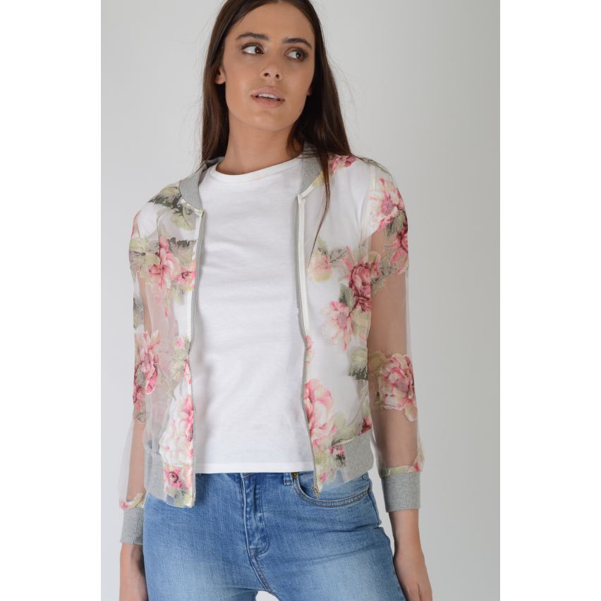 Lovemystyle White Mesh Bomber Jacket With Pink Florals