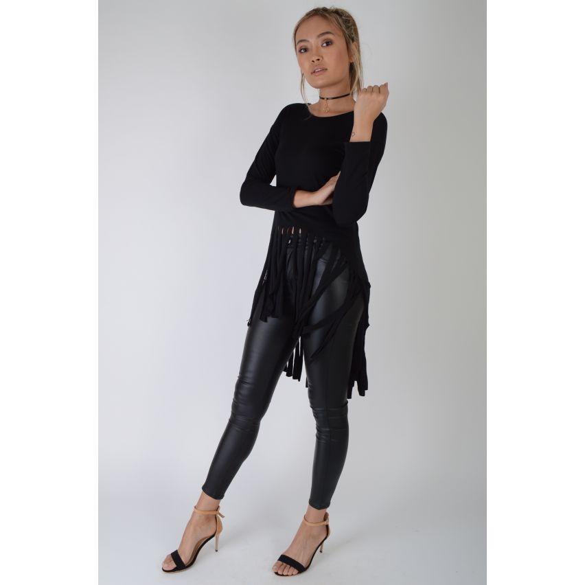 Lovemystyle schwarzes langärmliges T-Shirt mit Fransen