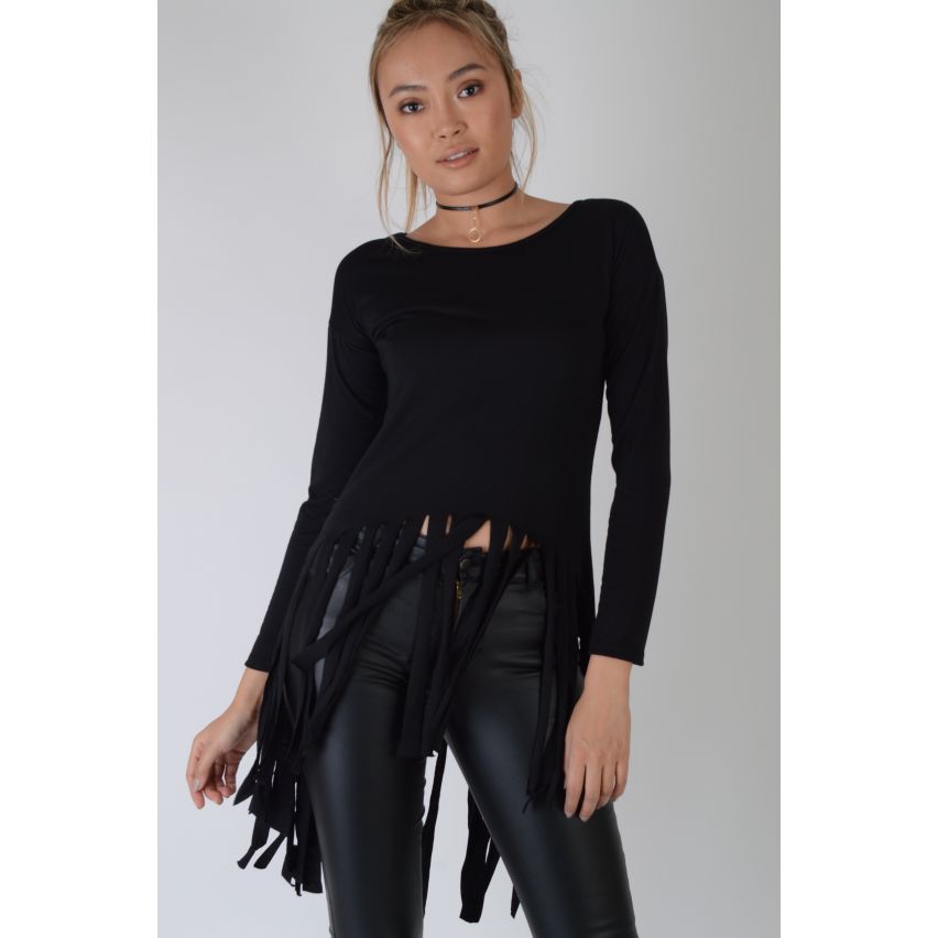 Lovemystyle Black T-Shirt à manches longues avec franges