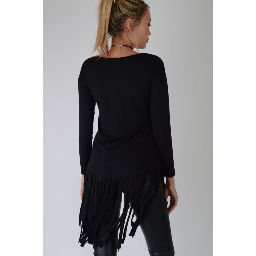 Lovemystyle schwarzes langärmliges T-Shirt mit Fransen