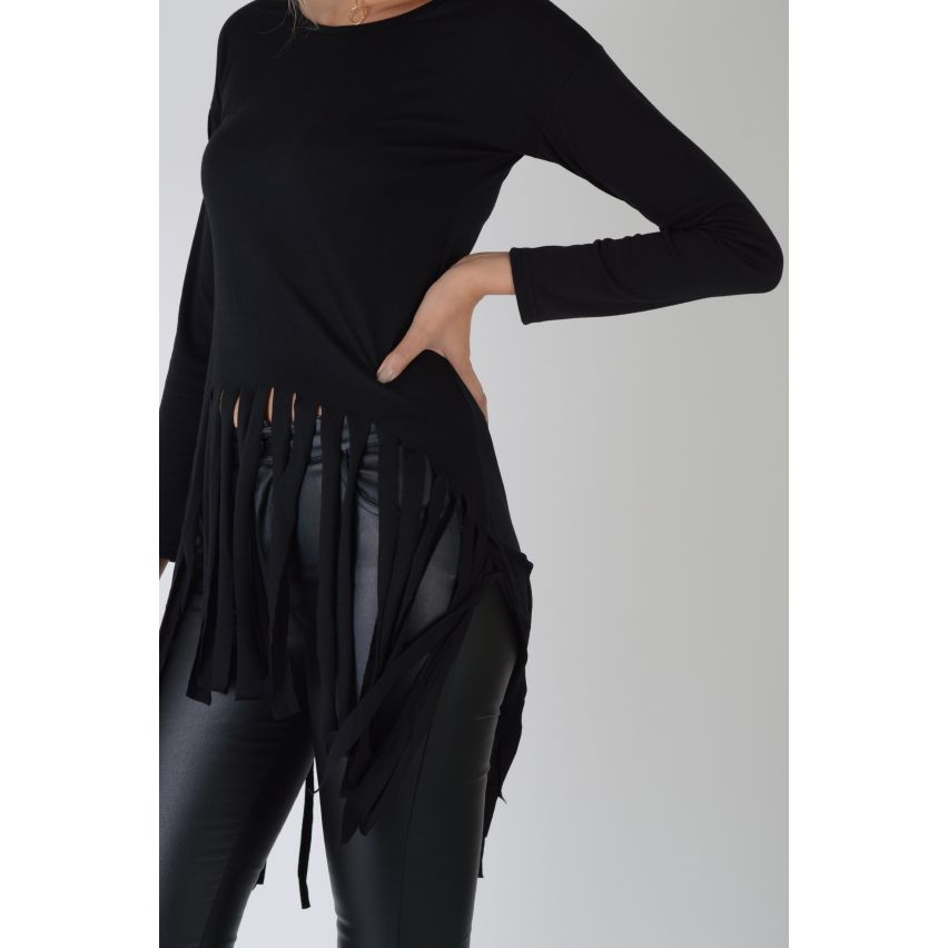 Lovemystyle schwarzes langärmliges T-Shirt mit Fransen