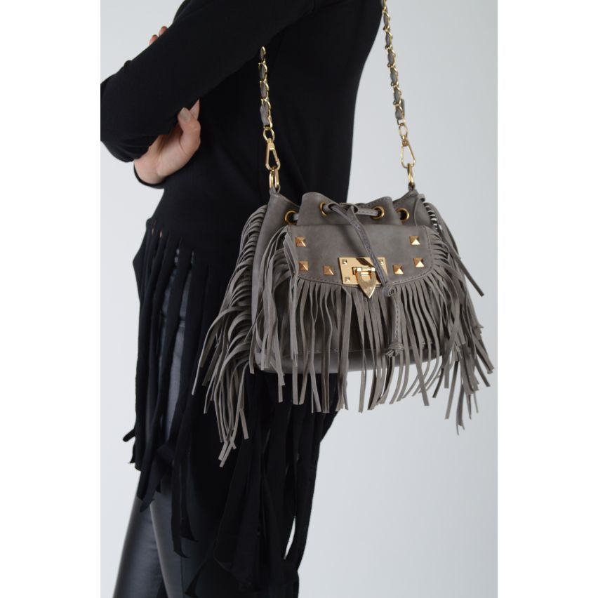 LMS Grey Faux Suede Side Bag With Tassels And Gold Hardware