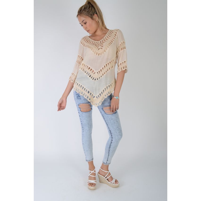 Lovemystyle Lace Crochet Insert Nude Kimono Style Top