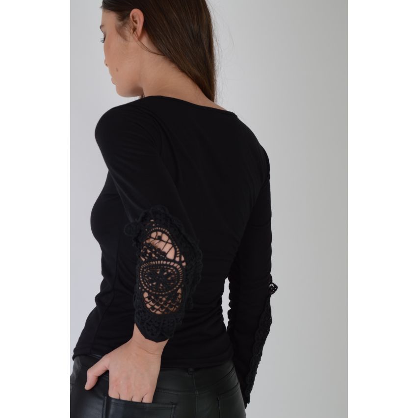 LMS Long Sleeved Black T-Shirt With Crochet Sleeves And Buttons