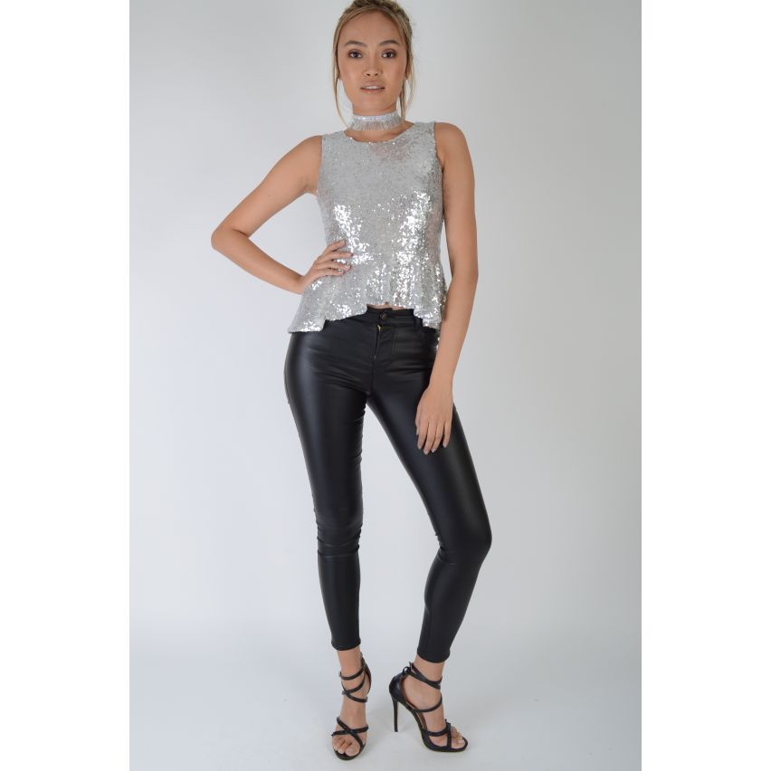 Lovemystyle All Over Silver Sequin Peplum Top