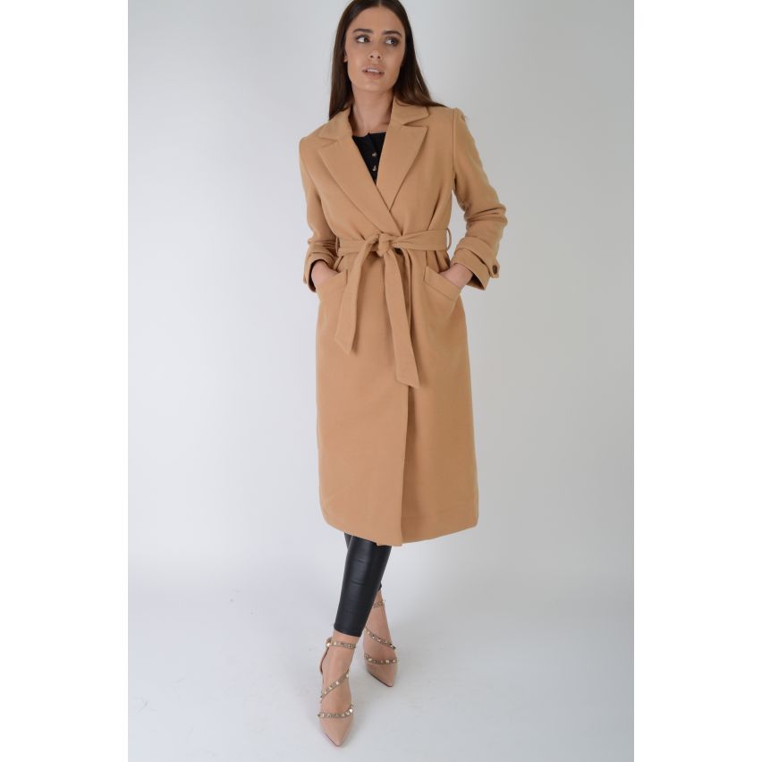 Lovemystyle Camel Belted Tailored Faux Wool Coat