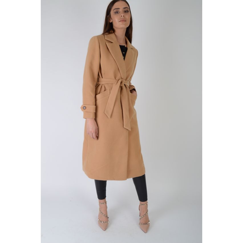 Lovemystyle Camel Belted Tailored Faux Wool Coat