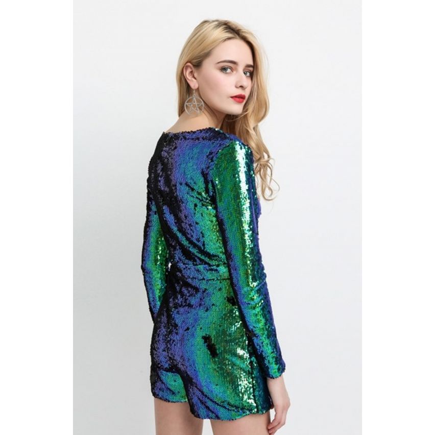 LoveMyStyle skimrande blå paljett Playsuit med långa ärmar