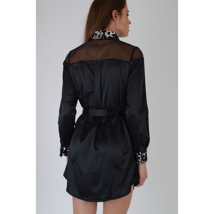 Robe chemise de soie Lovemystyle noir avec paillettes et détail de maille