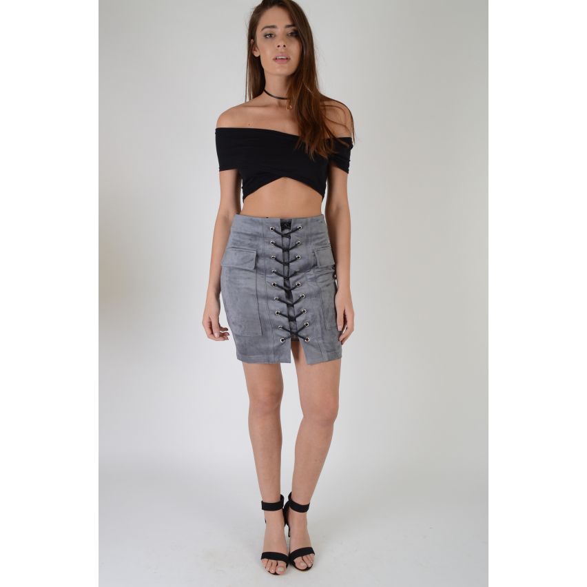 Lovemystyle Grey Faux Suede Mini Skirt With Lace Up Detail - SAMPLE