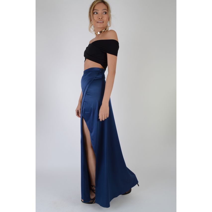 Lovemystyle Navy Blue Silk Wrap Over Maxi Skirt With Side Split