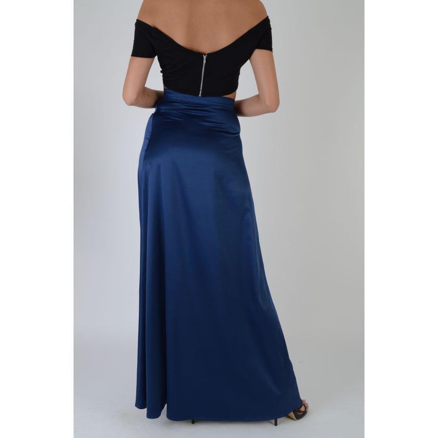 Lovemystyle Navy Blue Silk Wrap Over Maxi Skirt With Side Split