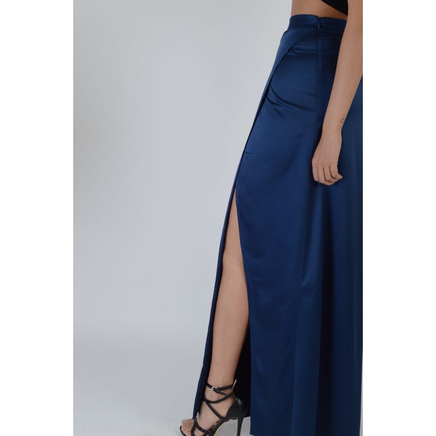 Lovemystyle Navy Blue Silk Wrap Over Maxi Skirt With Side Split