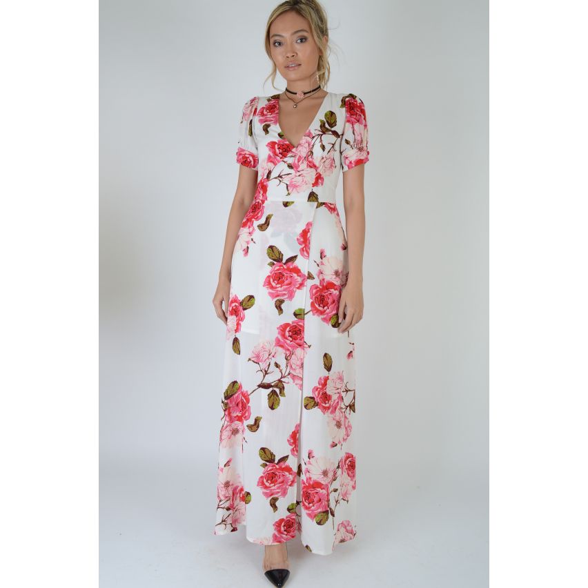Lovemystyle weißen Maxi-Kleid mit V-Ausschnitt vorne im Blumen-Print - Muster