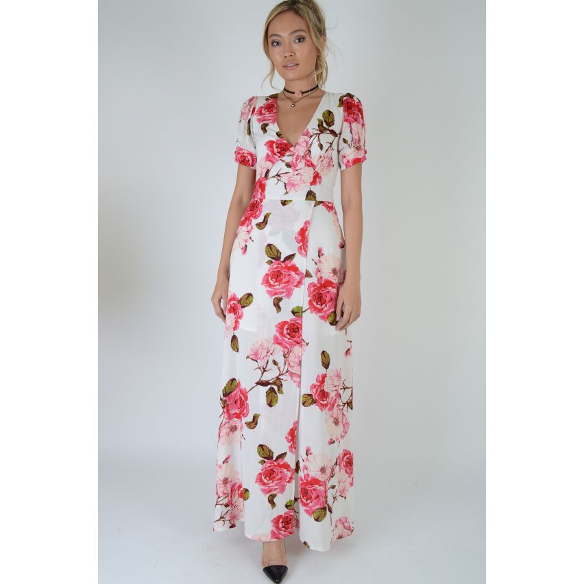 Lovemystyle White Maxi Dress With V-Neck Front In Floral Print - SAMPLE