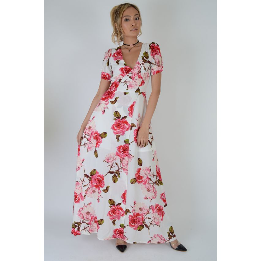 Lovemystyle White Maxi Dress With V-Neck Front In Floral Print - SAMPLE