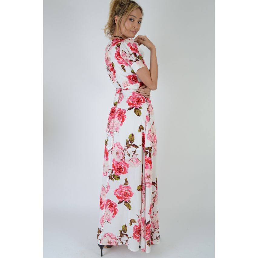 Lovemystyle White Maxi Dress With V-Neck Front In Floral Print - SAMPLE