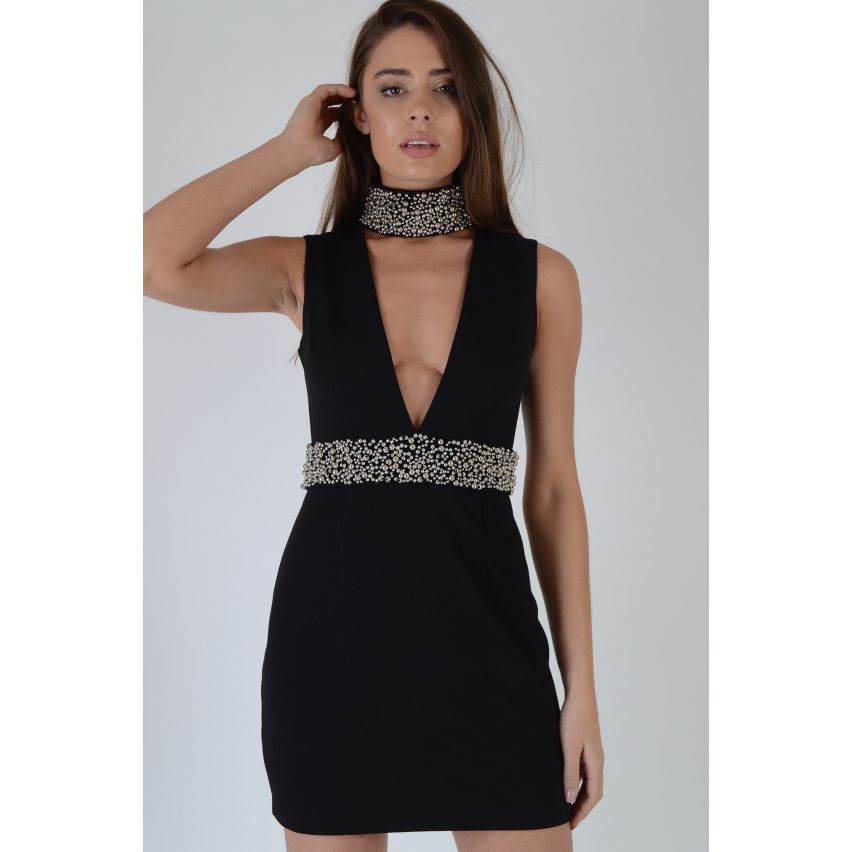 LMS Black V-Neck Bodycon Dress With Embellished Waist And Choker - SAMPLE